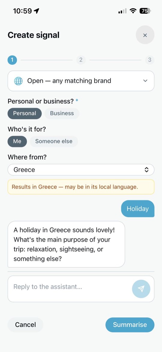 Create signal — a private AI chat about a holiday in Greece