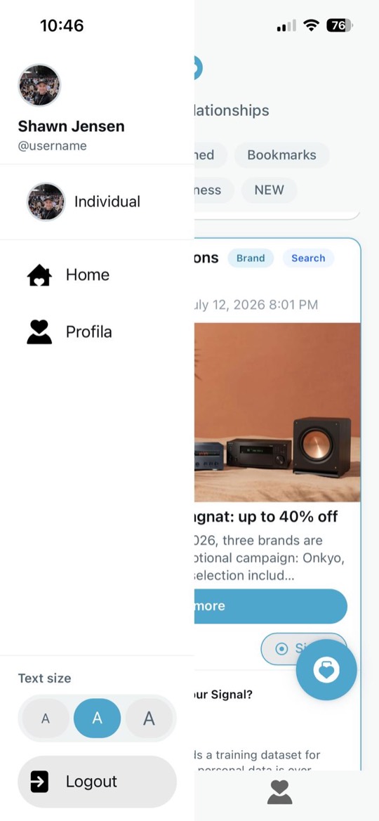 The app menu — profile, home, text size and logout